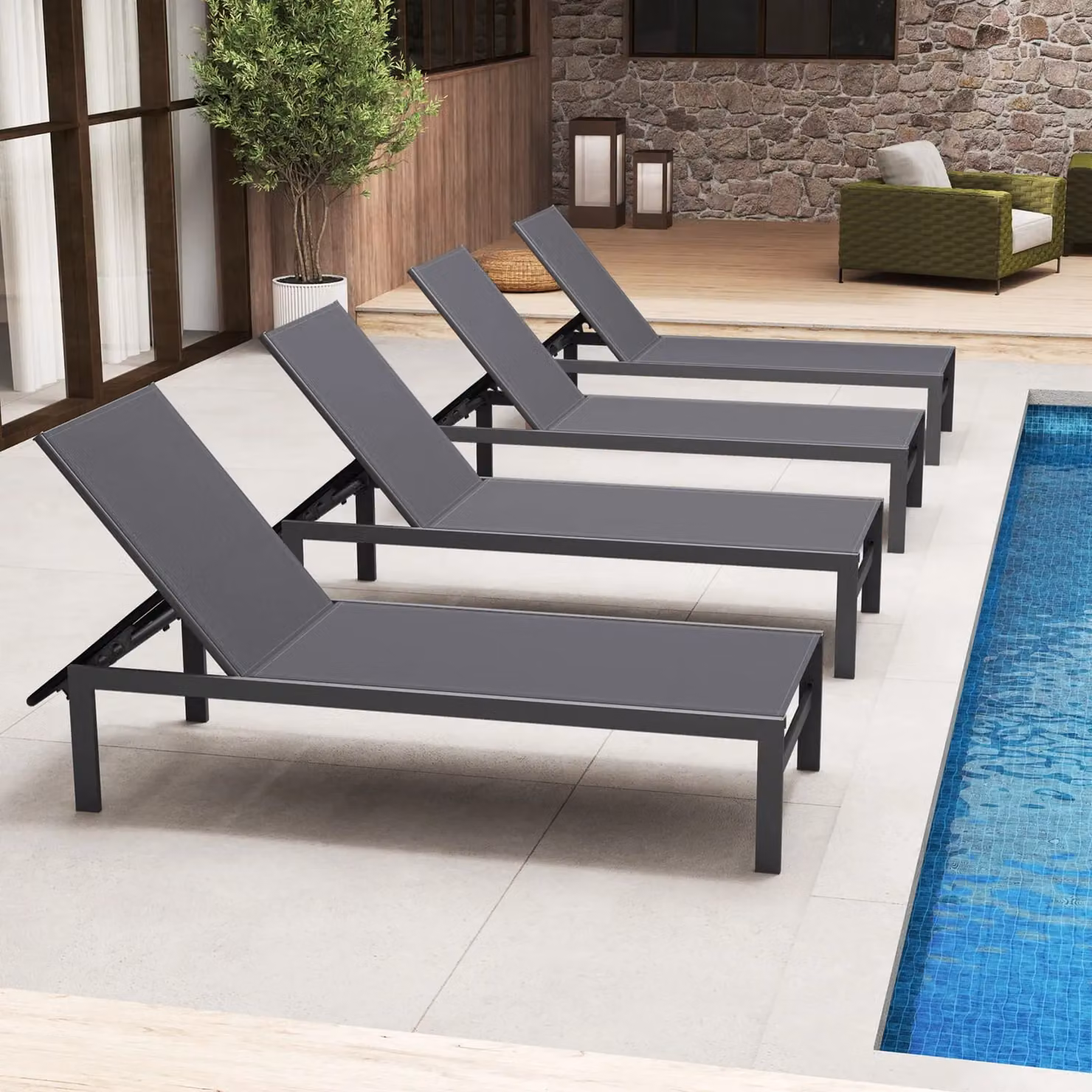 Gymax Aluminium Chaise Lounge Chair Patio Recliner with Adjustable Backrest in Grey – 4