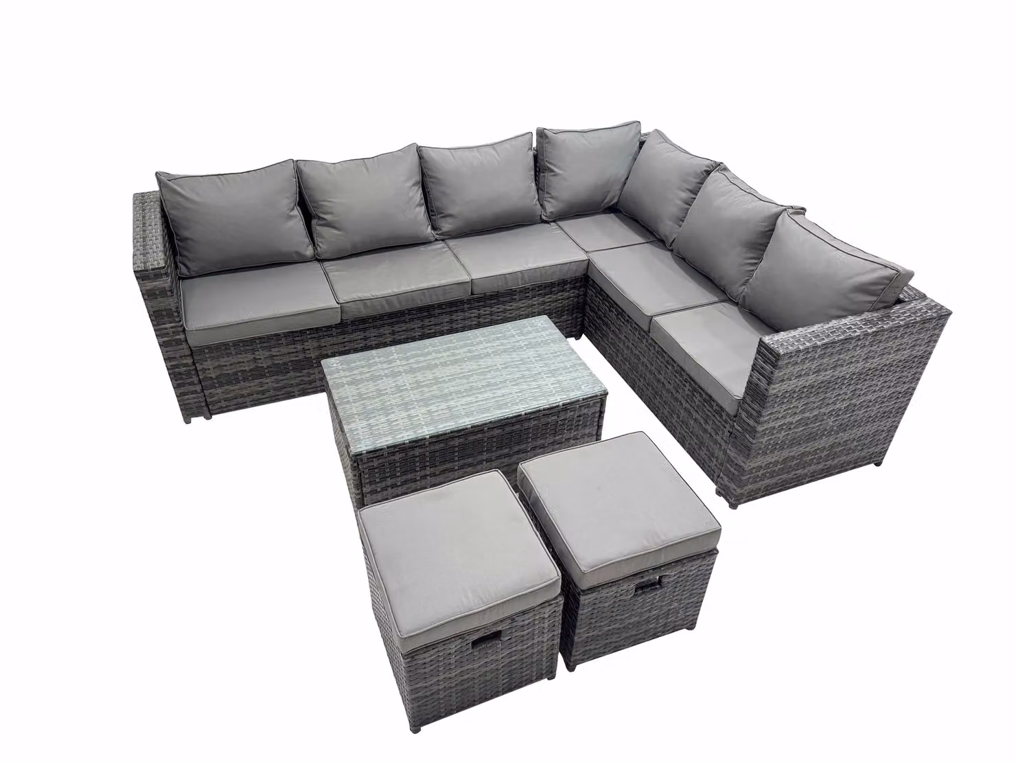 Fimous 8 Seater Rattan Corner Sofa Set with Coffee Table and Ottomans in Dark Grey – 3