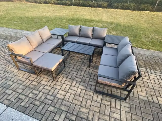Fimous 10 Seater Outdoor Garden Furniture Set in Dark Grey with Powder Coated Aluminium Frame, Lounge Sofas, Coffee Table and Ottoman with Cushions