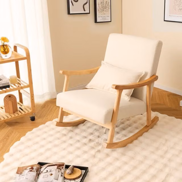 Costway Scandinavian Upholstered Rocking Chair with Armrests in Beige and White