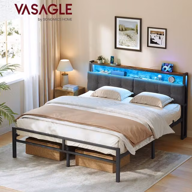 VASAGLE King Bed Frame with LED Lights, USB Charging Port and Storage Drawers in Black and Brown, H: 104.5 x W: 180 x D: 200 cm