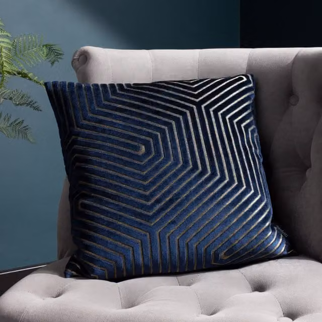 Paoletti Evoke Blue Velvet Square Cushion with Polyester Filling, W/D/H: 55 x 55 x 55 cm