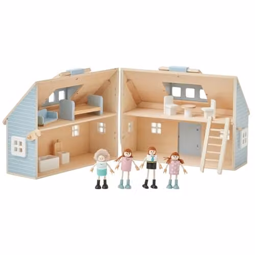 Teamson Kids Olivia’s Little World Portable Wooden Dollhouse in Blue with 4 Rooms, 4 Wooden Figurines and Furniture Accessories – 1