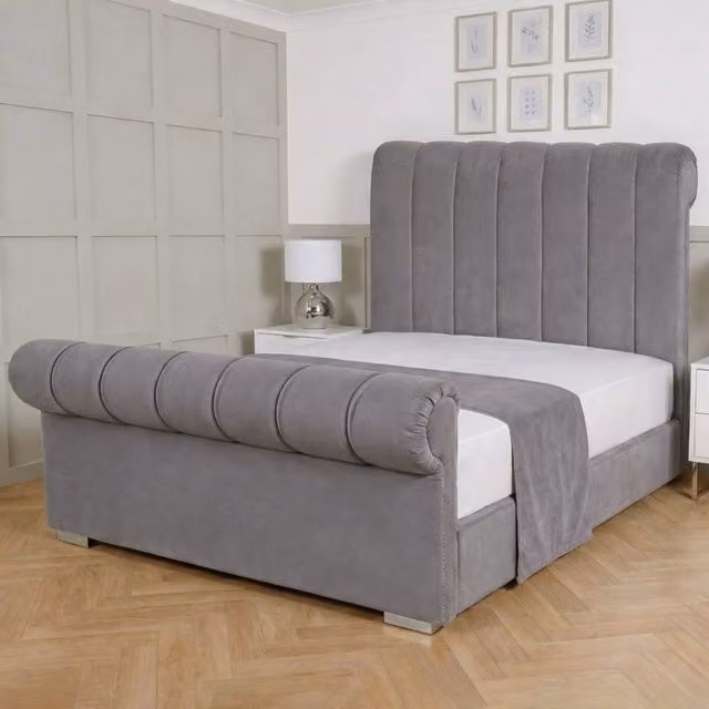 Living Comfort Bedz Orion Plush Velvet Upholstered Super King Bed with Slatted Base and 48 Inch Headboard in Grey, W/D/H: 200 x 200 cm