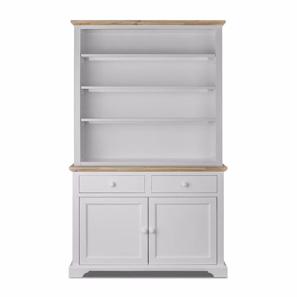 Statement Furniture Florence Display Dresser with Hutch, White Wooden Sideboard with Limed Acacia Top and Open Shelving, W: 120 cm – 2