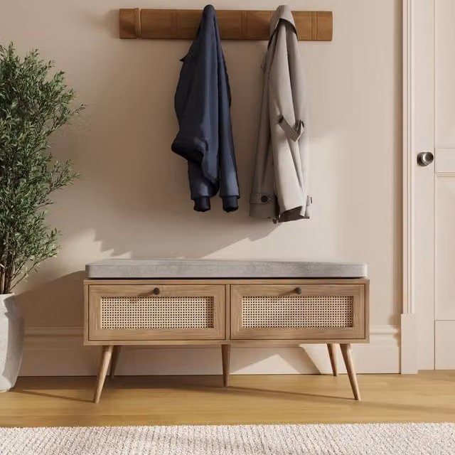 GFW Noor Rattan 2 Drawer Shoe Cabinet in Brown Light Oak – 1