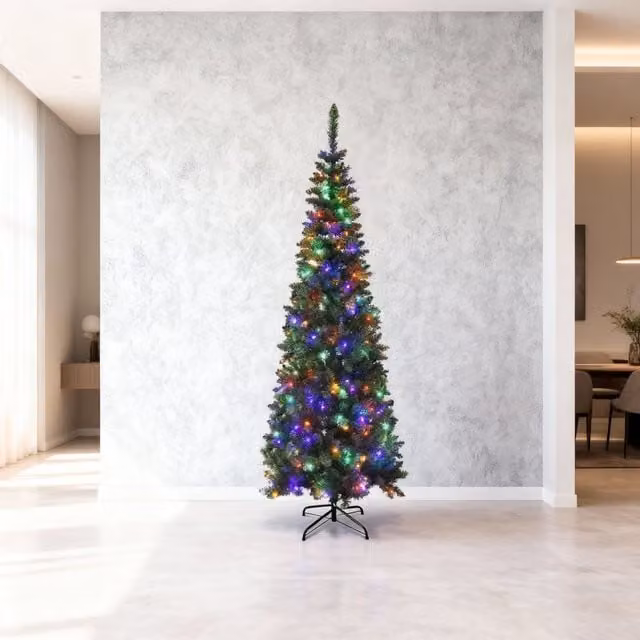 Shatchi Pre-Lit Artificial Slim Green Pencil Christmas Tree with Multicolour LEDs and Metal Stand, 8ft – 1
