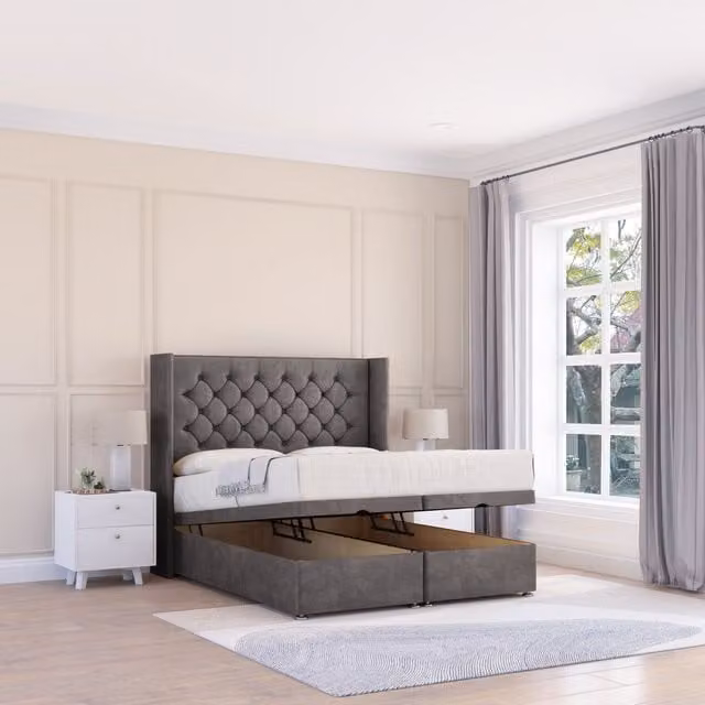 Sloomy Dior Naples Single Ottoman Bed in Dark Grey with Winged Floorstanding Headboard and Hybrid Memory Mattress