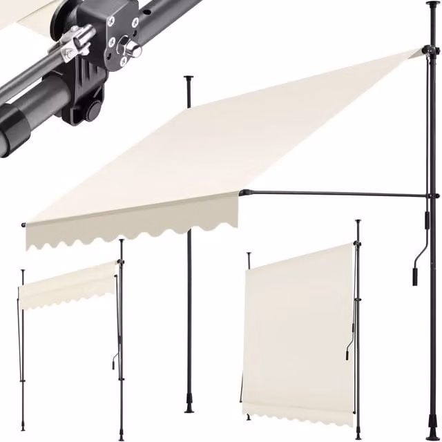 TECTAKE No-Drill Retractable Manual Awning in Beige with Steel and Aluminium Frame, Width: 200 cm