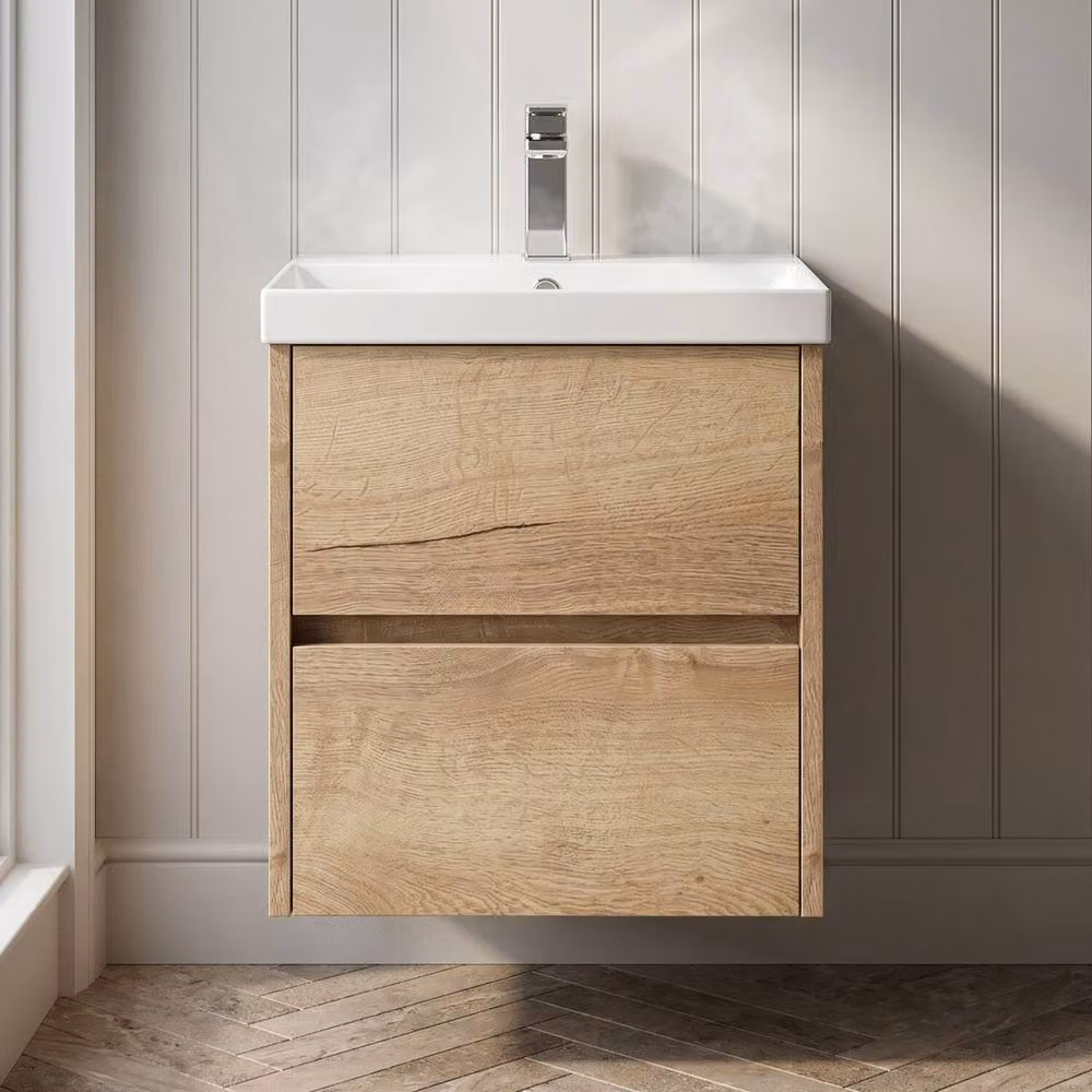 Balterley Chartley 2 Drawer Wall Hung Vanity Basin Unit in Autumn Oak Brown, Width: 50 cm – 3