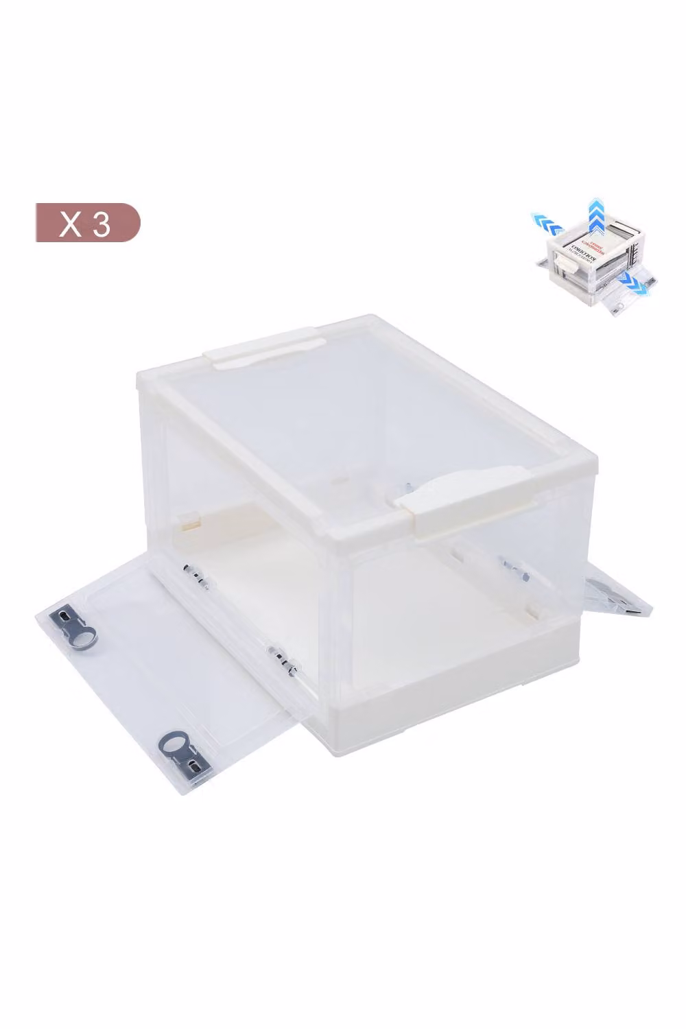 ExtraStar Set of 3 Foldable Transparent White Plastic Storage Boxes with Lids and Handles – 3