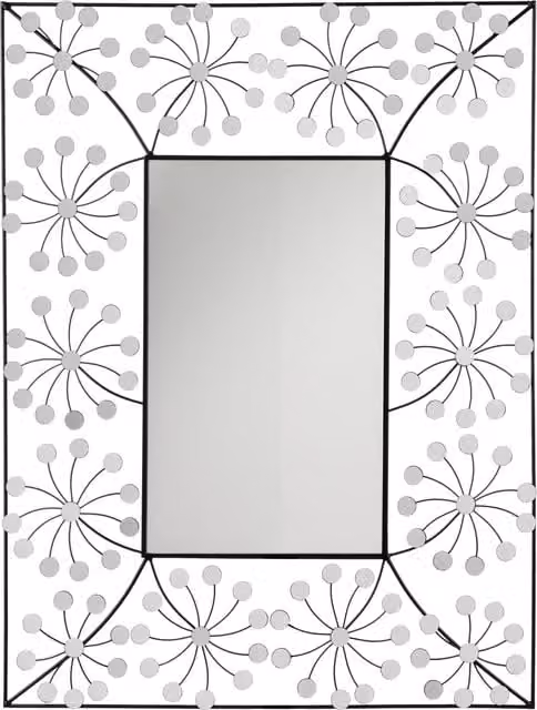 Orsina Floret Art Deco Rectangular Metal Frame Wall Mirror in Silver and Black, W/D/H: 70.5 x 40.0 cm