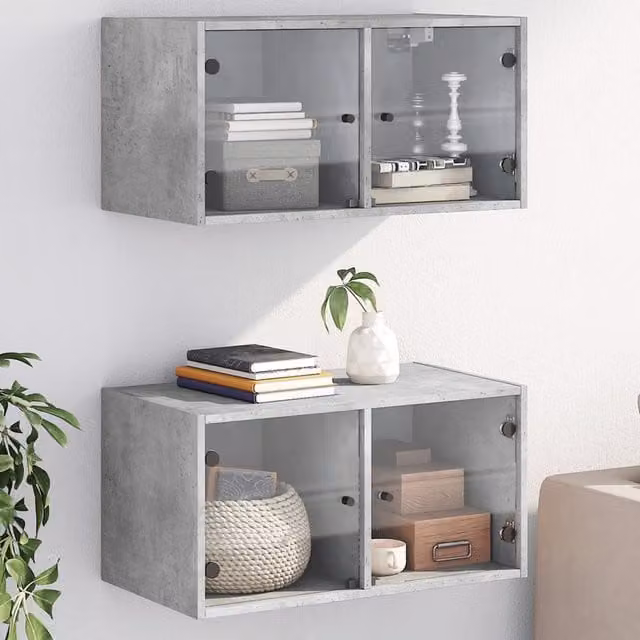 Berkfield Home Set of 2 Wall Mounted Cabinets with Glass Doors in Concrete Grey, W/D/H: 68.5 x 37 x 35 cm