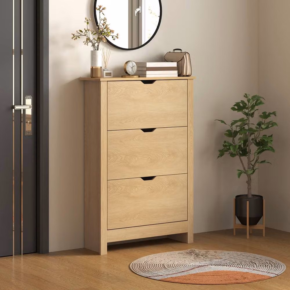 STILVORA Scandinavian Style Shoe Cabinet with Tilting Compartments and Drawers in Natural Wood, W/D/H: 112.0 x 72.0 x 30.0 cm – 2