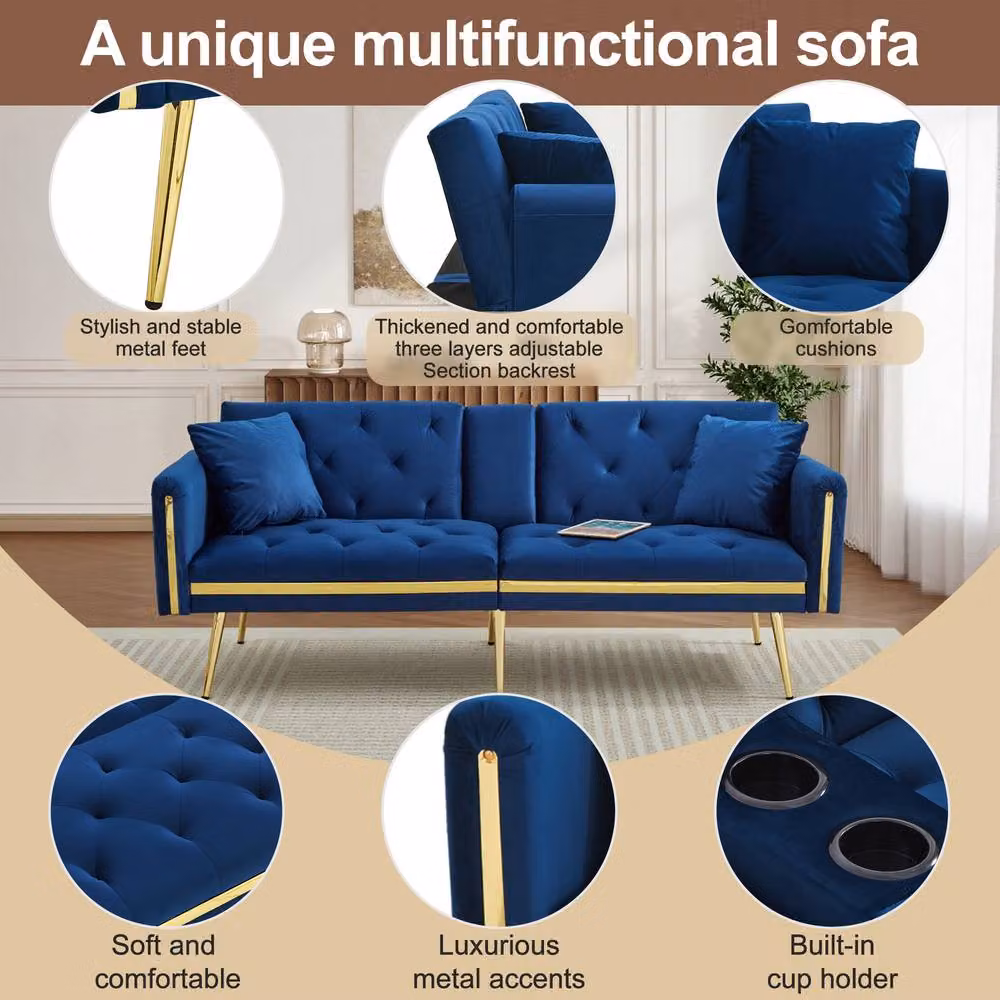 Merax Blue Velvet Sofa Bed with Gold Trim and Fold-Down Cup Holders, W: 174 cm, H: 76 cm, D: 71.5 cm – 5