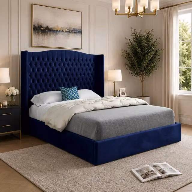 Casani Rotherwick Winged Upholstered Blue Velvet Designer Bed Frame, W/D/H: 180 x 137 x 159 cm