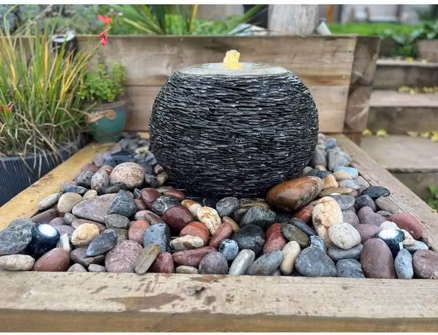 Buttercup Farm Arius Natural Slate Garden Fountain with Pump and Light, Grey
