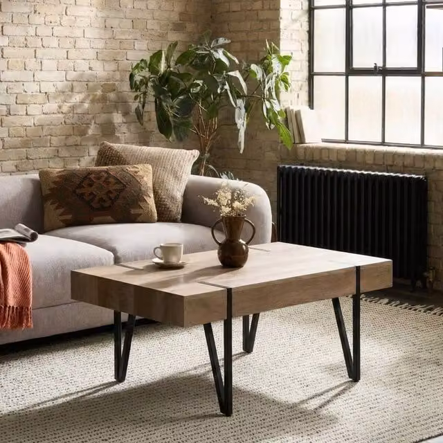 Wyld and Coco Industrial Rectangular Coffee Table with Brown MDF Top and Black Metal Legs, W: 110 cm, D: 60 cm, H: 40 cm