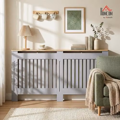 HOMCOM Slatted MDF Radiator Cover Painted Cabinet in Grey, W/D/H: 172 x 19 x 81 cm – 2