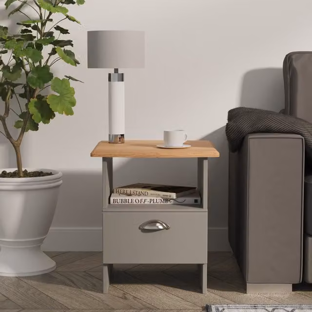 Victoria Ready Assembled Bottom Drawer Lamp Table in Dusk Grey and Riviera Oak