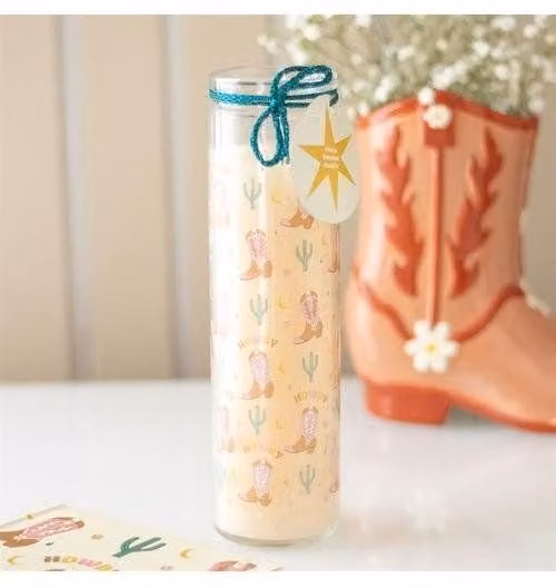 KDMD Howdy Cowboy Boot Print Floral Tube Pillar Candle in Peach