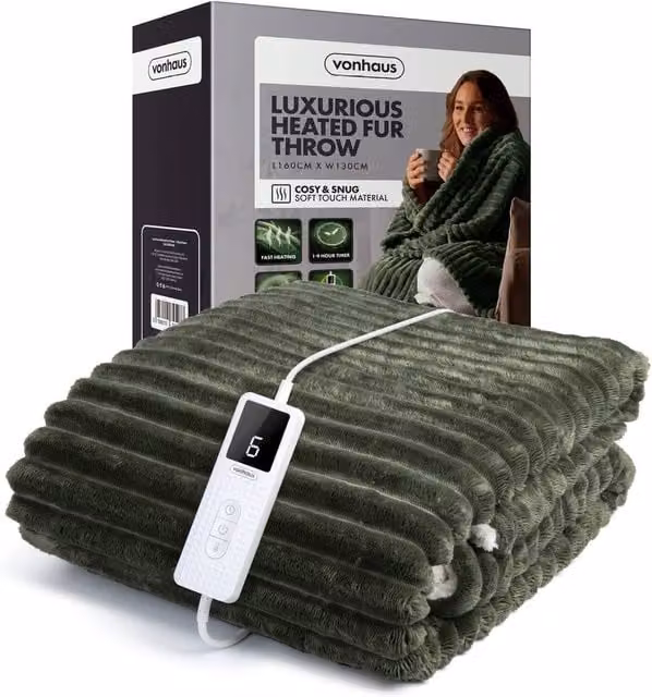VonHaus Faux Fur and Flannel Heated Throw Blanket in Olive Green – 1
