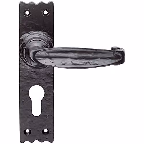 Loops Creased Style Lever on Slim Euro Lock Backplate, Black Antique, 156 x 38 mm