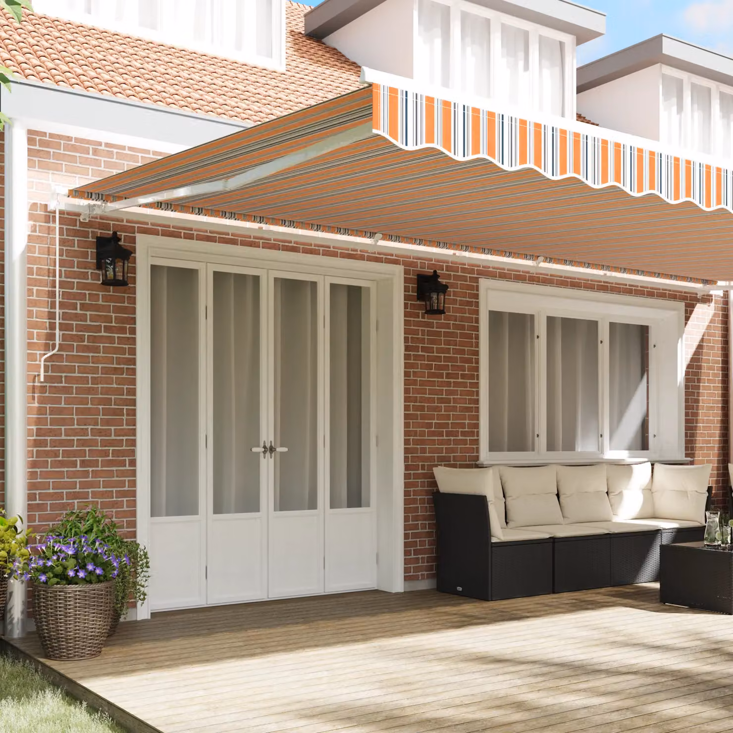 Berkfield Home Manual Retractable Wall-Mounted Awning with Orange Multicolour Stripes, W: 600 cm, D: 300 cm – 3