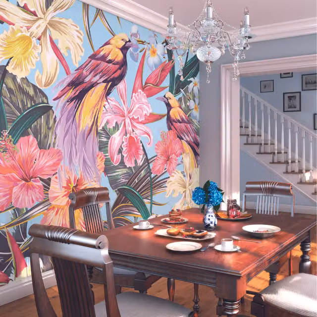 Origin Murals Birds and Flowers Floral Wall Mural in Multicolour and Pink