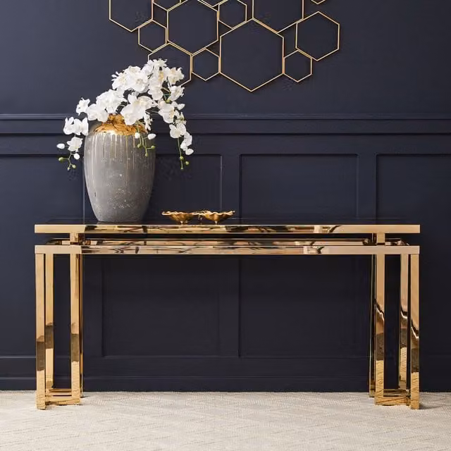Orsina Stylish Gold Console Table with Glass Top and Metal Frame – 1