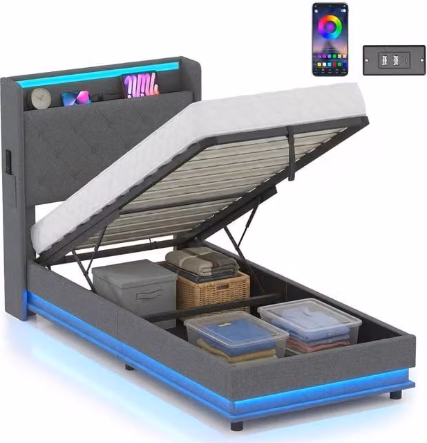 FORGEVIO Modern Lift Up Storage Bed Frame with RGB LED Under-Bed Lighting in Grey Fabric, W/D/H: 90 x 190 cm