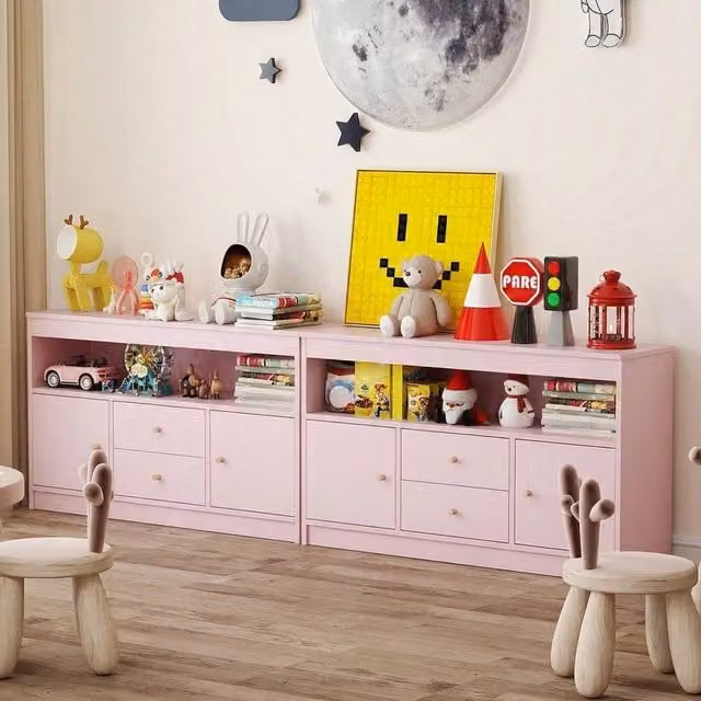 Kelvenix Multifunctional Pink Wood Display Cabinet with Hinged Doors and Internal Drawers – 1