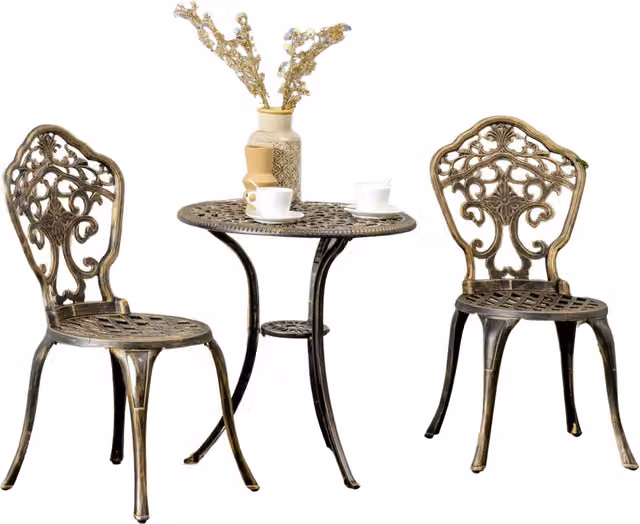 Furnold Set of 3 Bronze Cast Aluminium Bistro Table and Chairs with Parasol Hole
