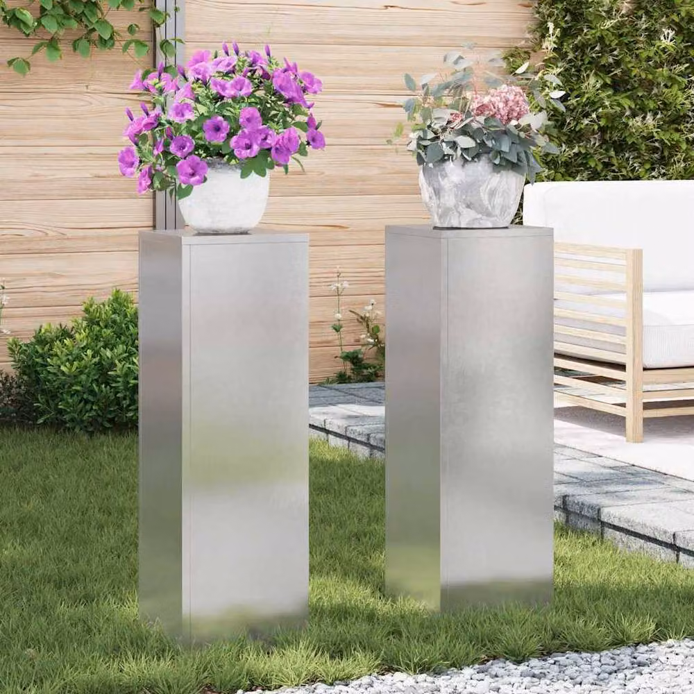 Berkfield Home Outdoor Plant Stand Pillar Set of 2, Silver Stainless Steel, W/D/H: 24 x 24 x 75 cm – 2