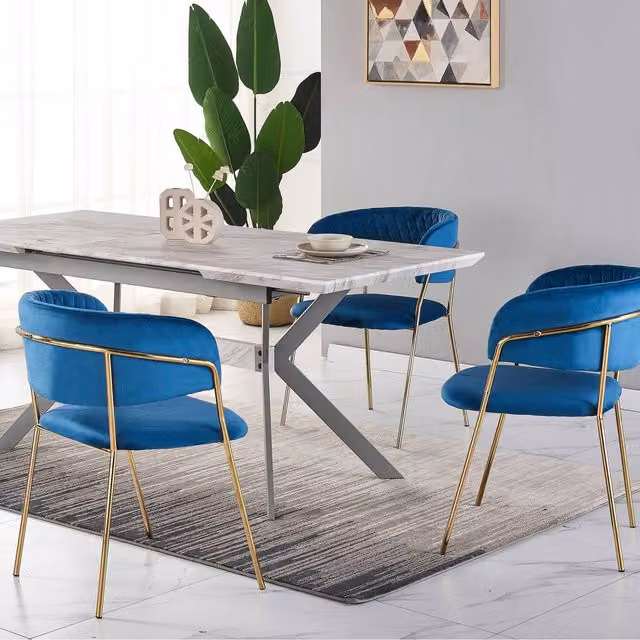 Life Interiors Atarah LUX Blue Velvet Upholstered Dining Chair with Gold Metal Legs and Armrests