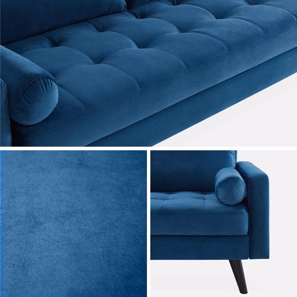 sweeek 3-Seater Vintage Style Velvet Fabric Sofa in Blue with Scatter Cushions, W/D/H: 177 x 81 x 84.5 cm – 3