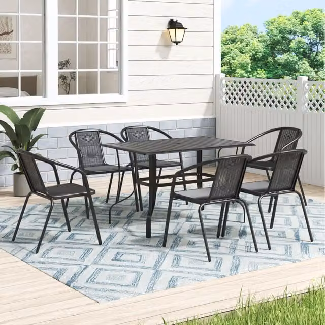 Komore Modern Black Metal Coffee Table and 6 Stackable Rattan Chairs Set