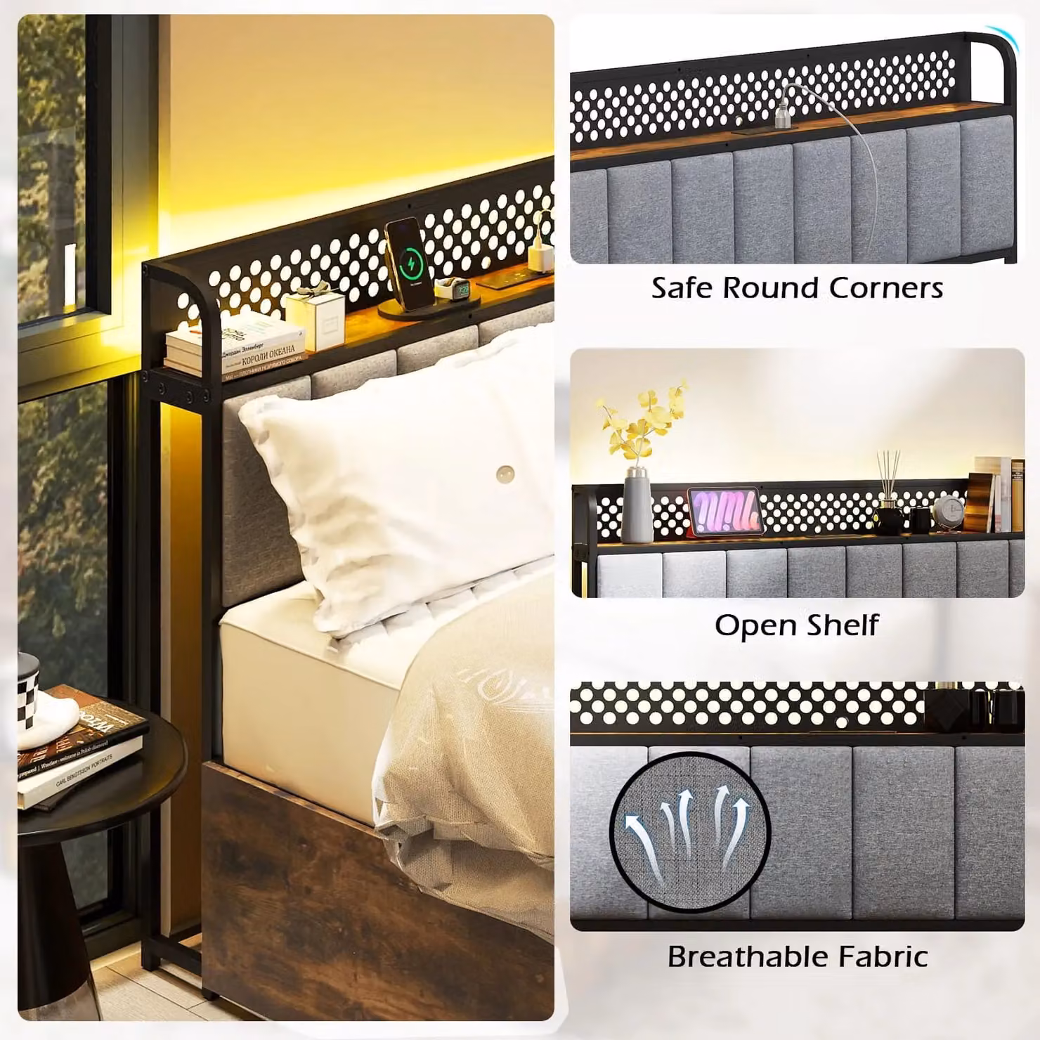 Costway Double Bed Platform Bed with LED Lights, USB Charging Ports and Drawers in Brown, W/D/H: 140 x 200 cm – 4