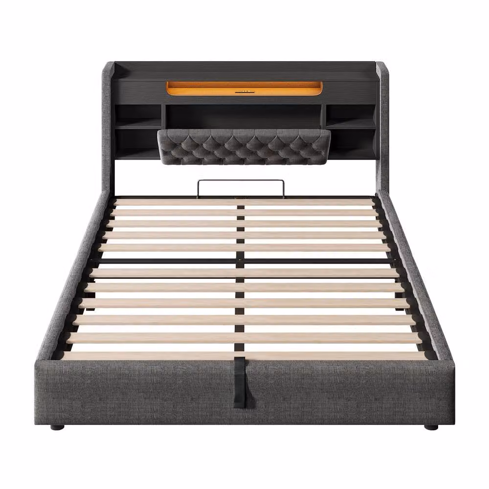 FENCHILIN Upholstered LED Bed Frame with Hydraulic Storage and Charging Station, Grey, W/D/H: 200 x 188 x 115 cm – 2