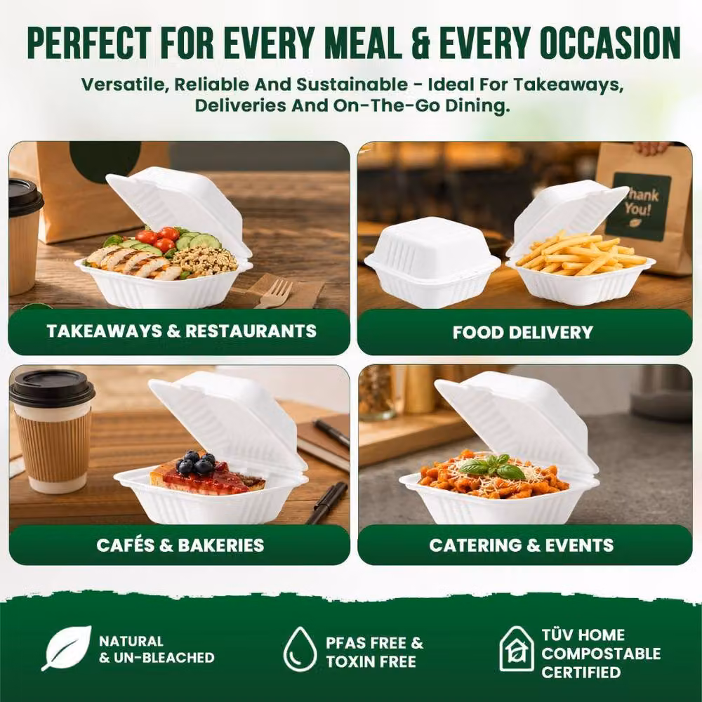 ECONX White Biodegradable Bagasse Clamshell Takeaway Burger Boxes, 200 Pack – 3