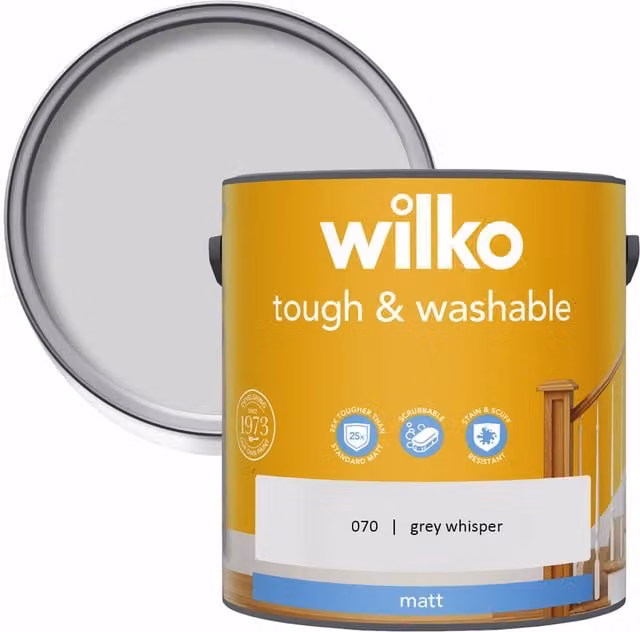 wilko Tough and Washable Matt Emulsion Paint, Grey Whisper, 2.5 l