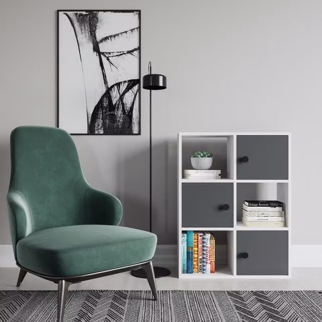 Decorotika Tasso Bookcase with Cabinets in White and Anthracite, W: 94 cm, H: 94 cm, D: 94 cm