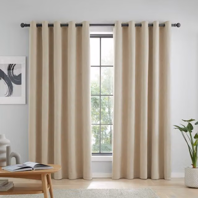 Catherine Lansfield Wilson Velvet Thermal Blackout Eyelet Curtains in Beige