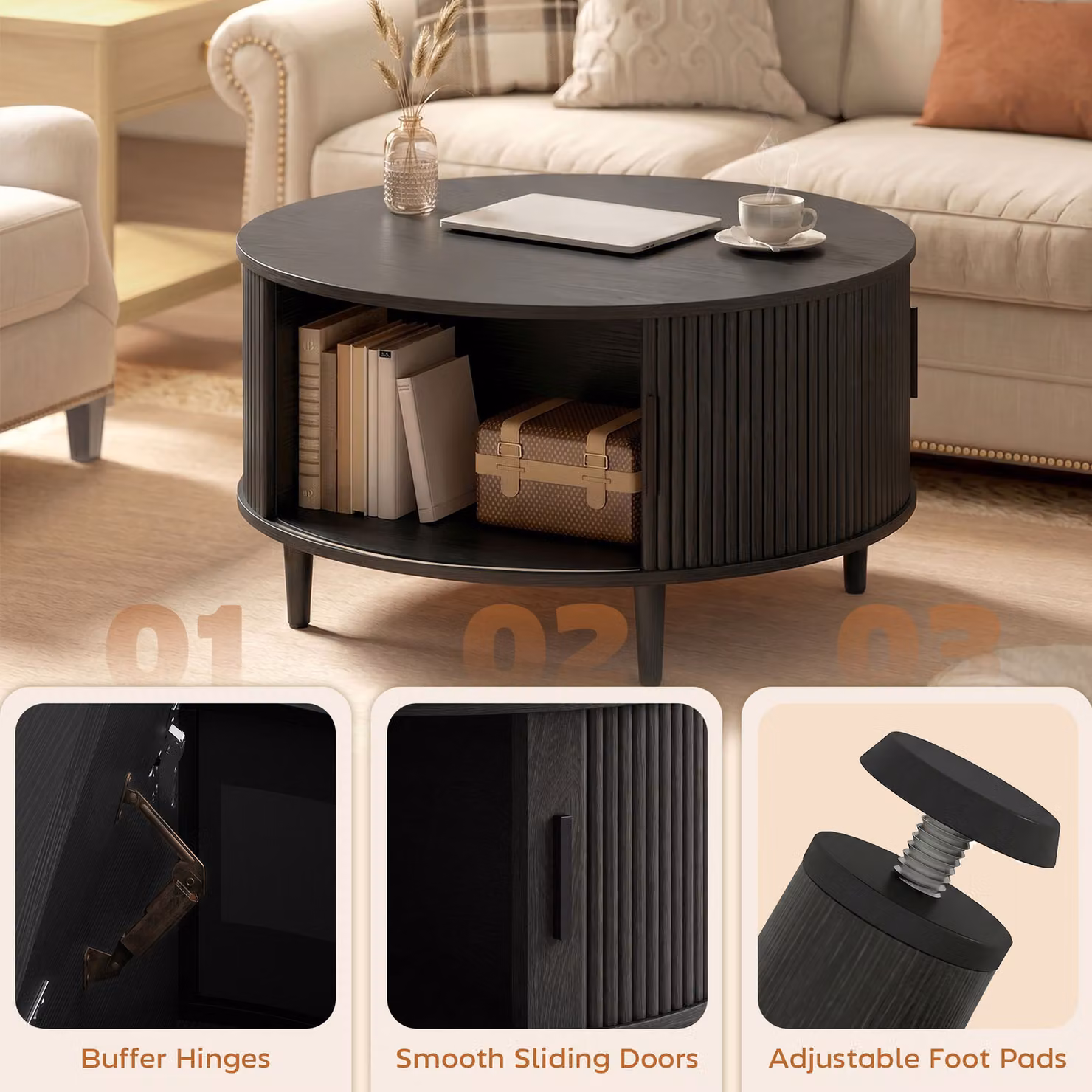 HOMCOM Round Coffee Table with Lift Top and Hidden Storage, Black Wood Effect, Diameter: 80 cm – 7
