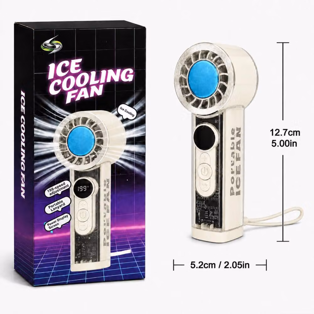 Dyzi Portable Ice Cooling Handheld Fan with 199 Speeds, USB Rechargeable, White – 2