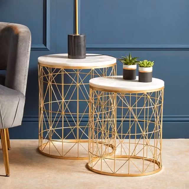 Orsina Set of 2 Round White Marble Nesting Side Tables with Gold Geometric Metal Bases