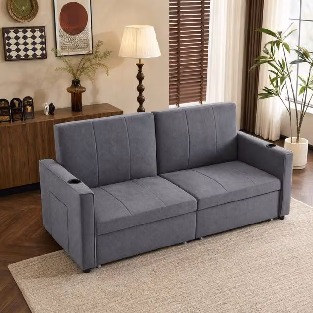 STILVORA Grey Upholstered Sofa Bed with Pull-Out Drawer and Foam Mattress – 1