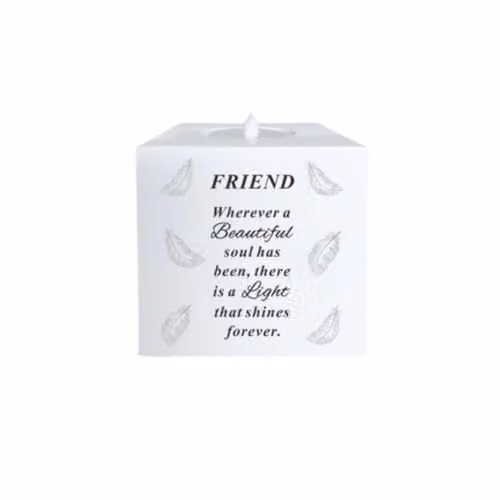 David Fischhoff Friend Memorial Feather LED Flickering Candle Holder in White