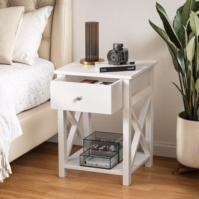 Lifeideas Minimalist White MDF and Metal Bedside Table