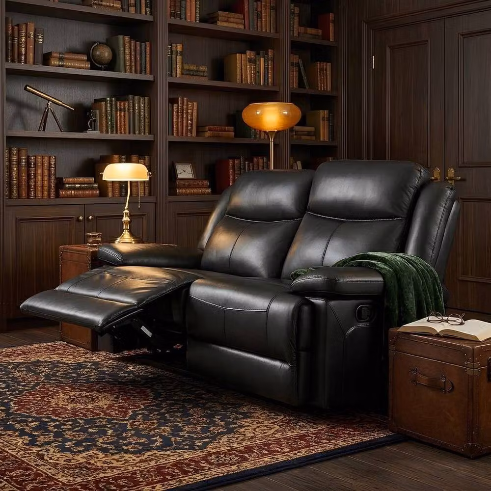 Home Luxe Interior Casper 2 Seater Manual Recliner Sofa in Black Leather, W: 130 cm, D: 45 cm – 3